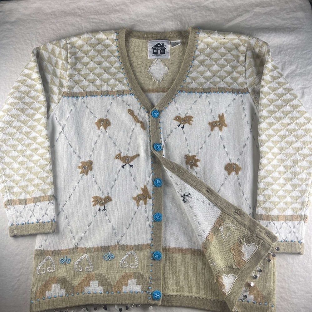 Storybook Knits Cream Cardigan with Blue Accents